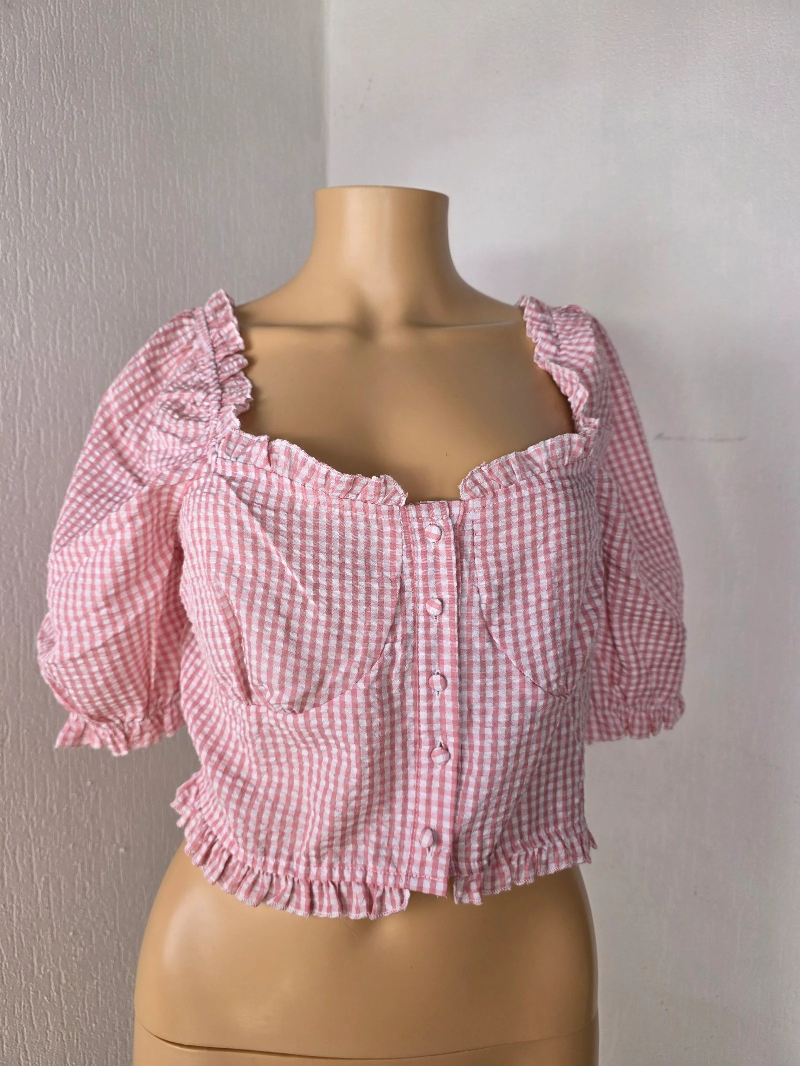 Crop top vichy épaules dénudées tendance milkmaid cottagecore Pink gingham milkmaid taille L